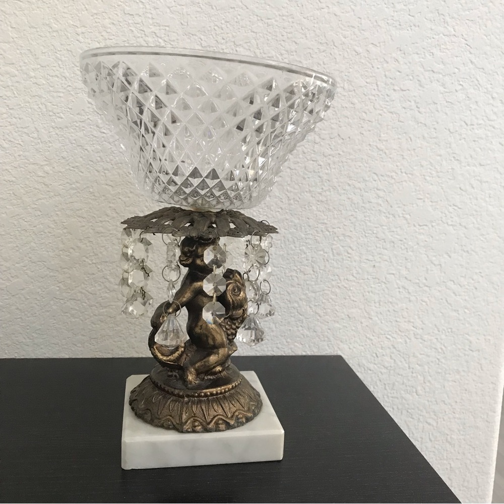 🔻sale Vintage Hollywood regency marble brass crystal compote/ pedestal bowl.